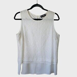 Karl Lagerfeld Lace Tank Blouse Medium Sleeveless Sheer Hem Back Zipper White